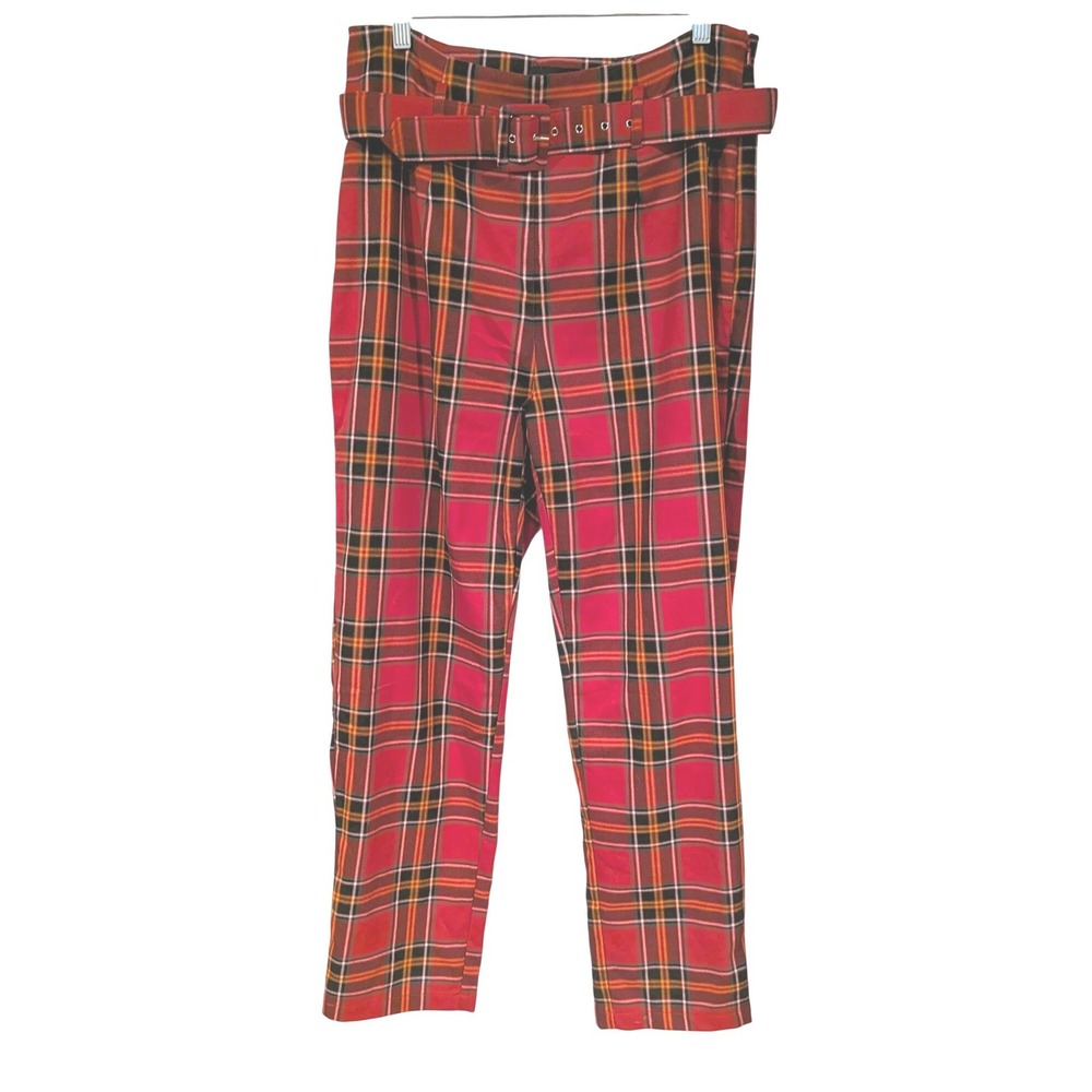 Collectif London Plaid Trousers L Red Tartan High Waist Belted Retro Punk Pants